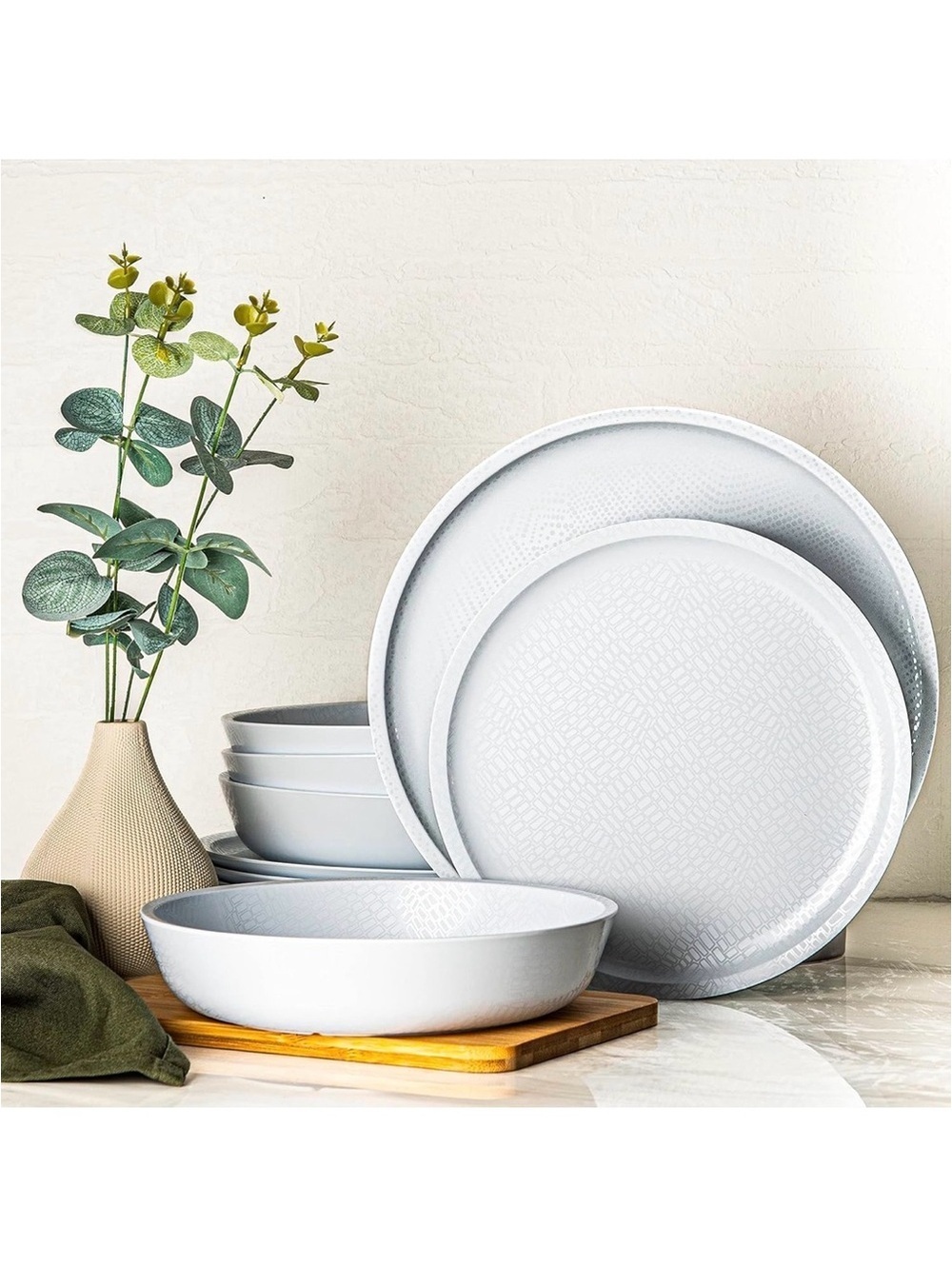 12‑Piece Melamine Dinnerware Set, Mono White - New in Box